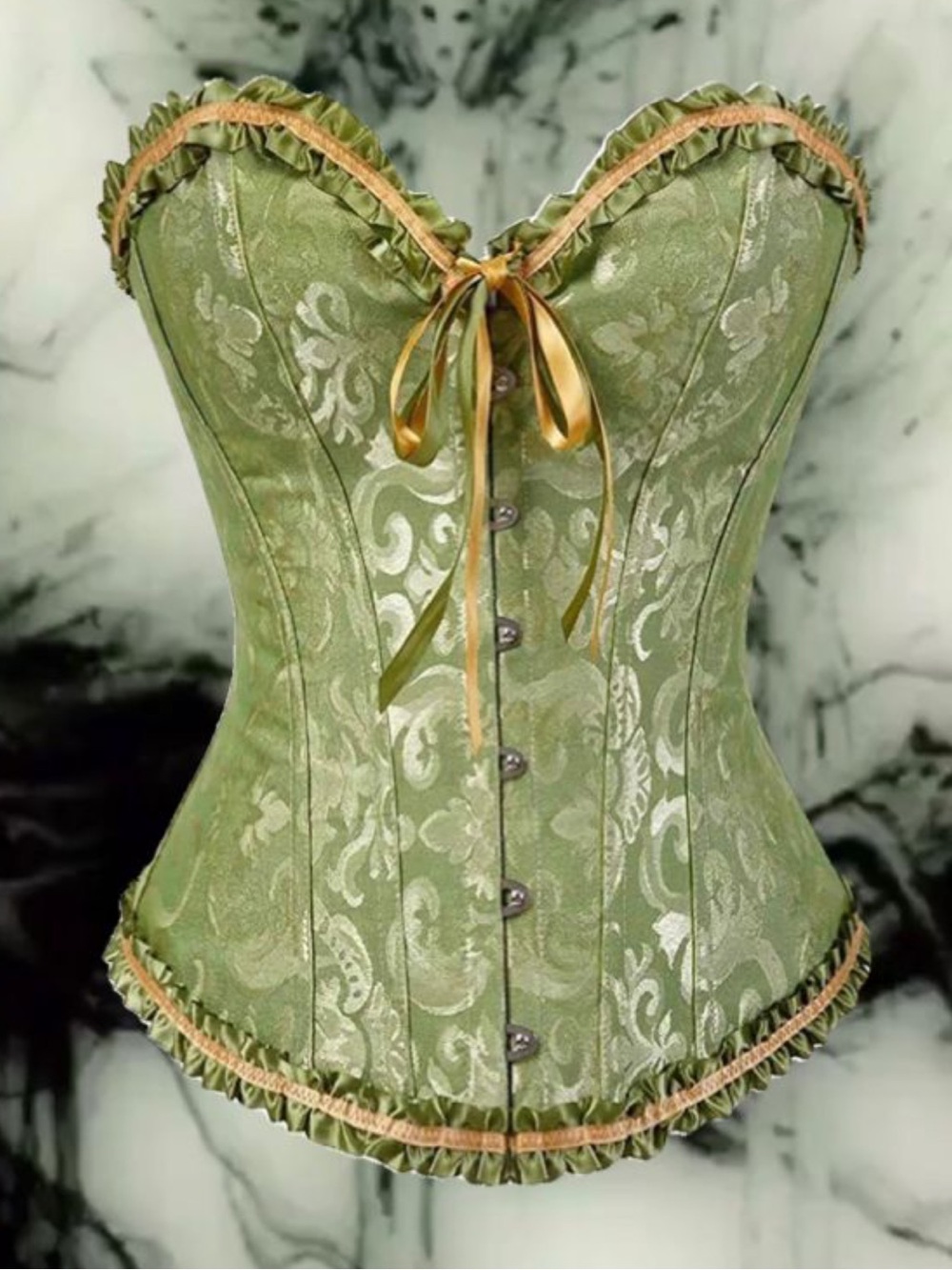 Filigree Corset Top, XXL Ruffle Trim Lace Up Bustier / Green & Gold w/ Boning